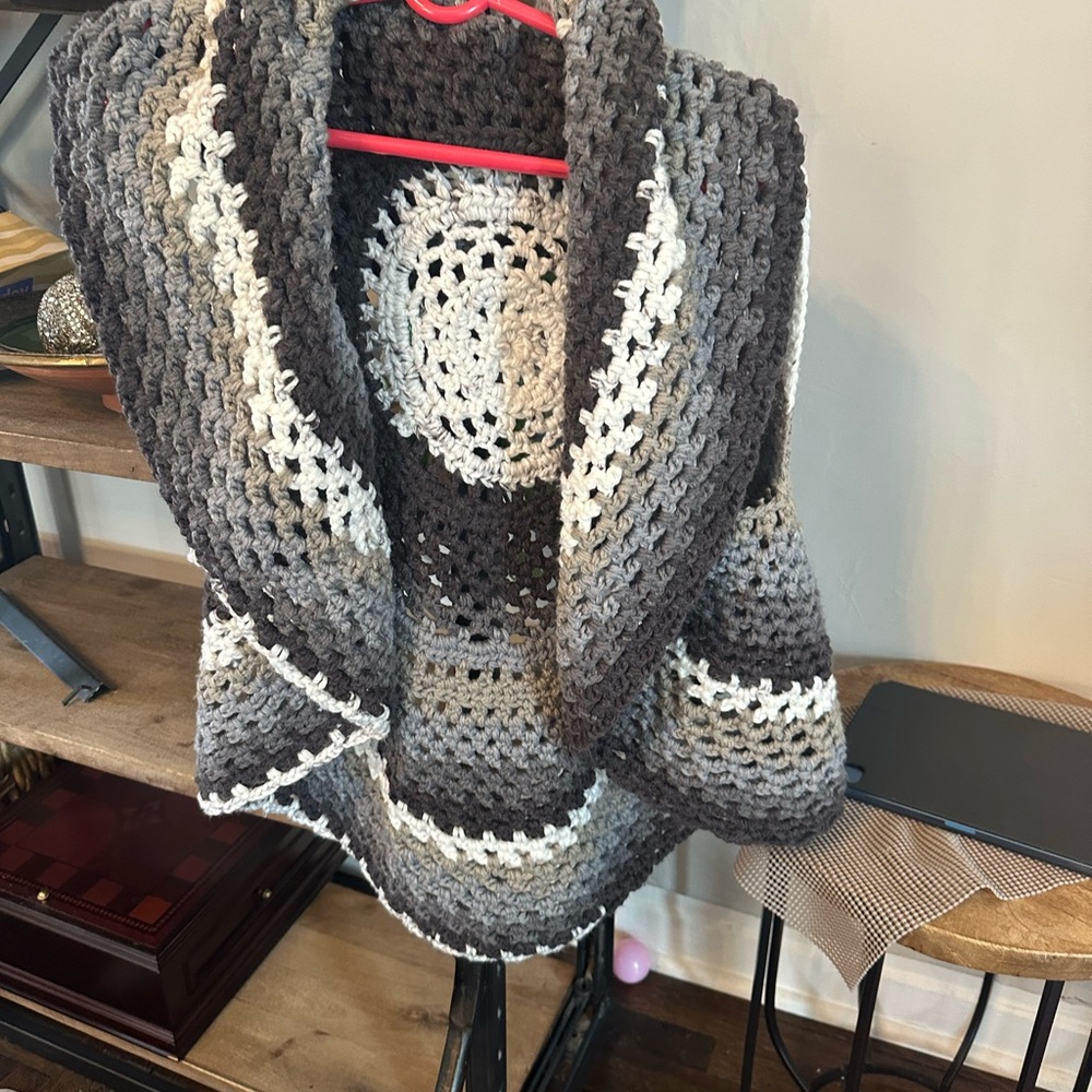 Boho crochet granny squares cape shawl vest sweater OOAK gray handmade shrug